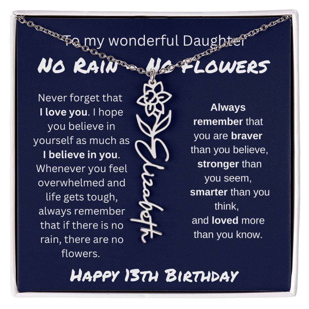 No Rain - No Flower | Happy 13th Birthday | Flower Name Necklace