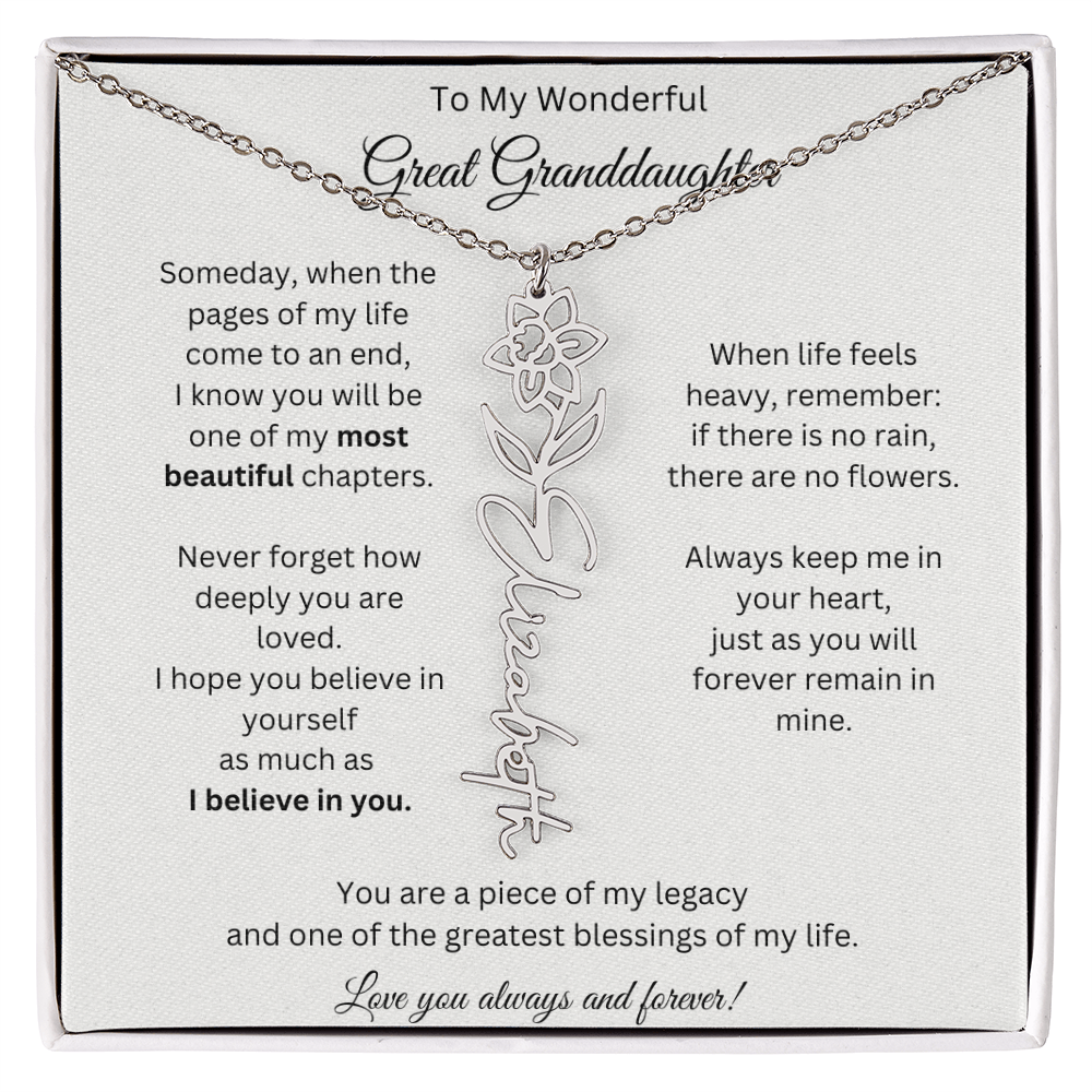 Great Granddaughter Gift - Custom Birth Flower Name Necklace