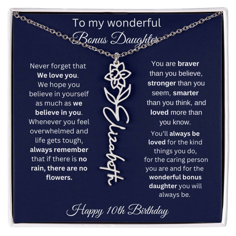 10th Birthday Gift For Bonus Daughter - Personalized Birthmonth Flower Name Necklace