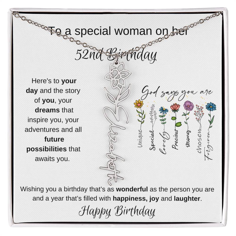 To A Special Woman On Her 52nd Birthday - Flower Name Necklace