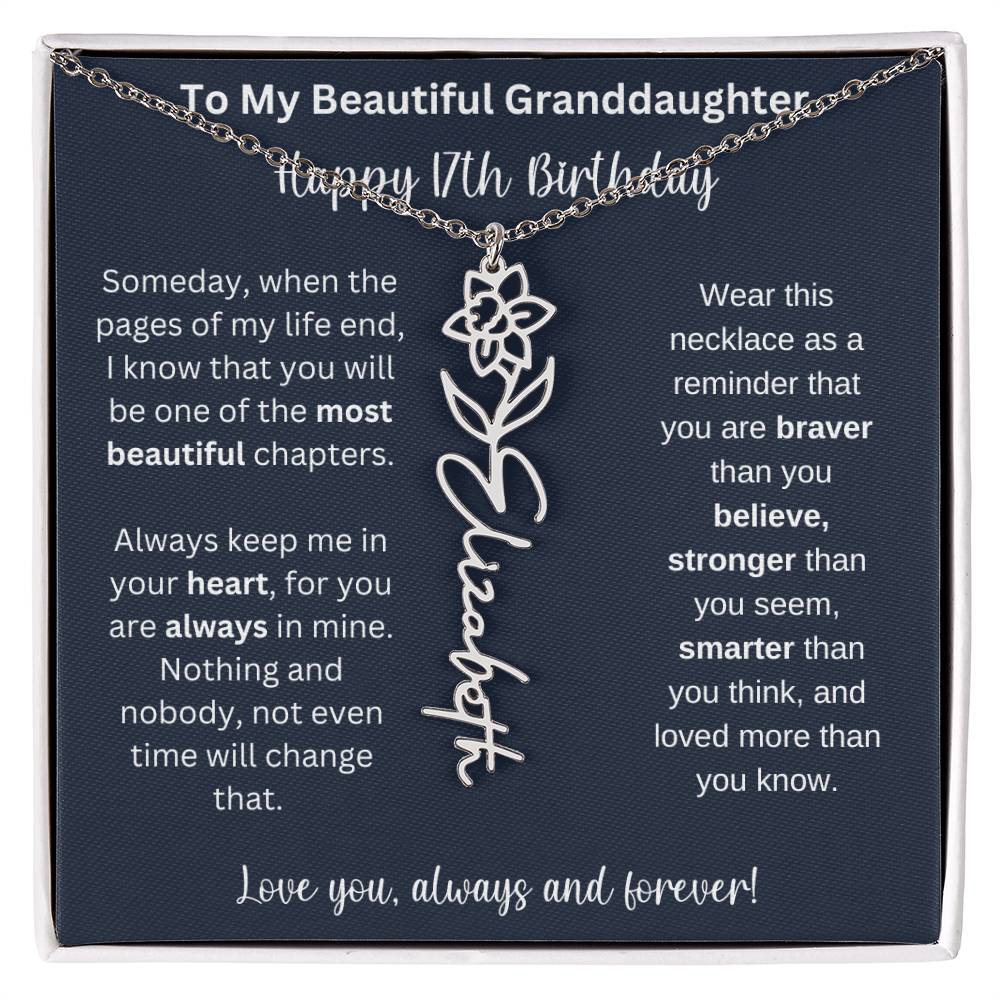 17th Birthday Gift For Granddaughter | Personalized Birth Flower Name Necklace