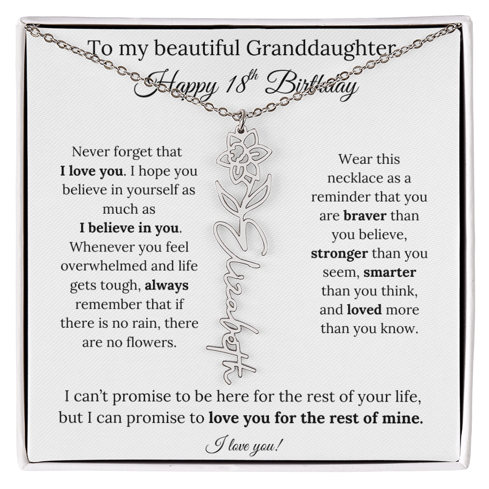 18th Birthday Gift for Granddaughter Flower Name Necklace with Message Card