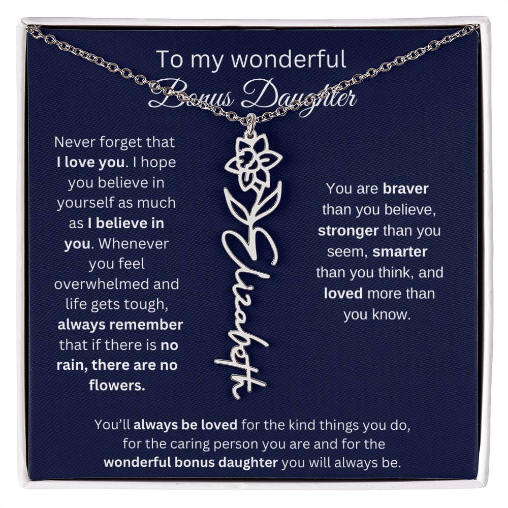 To My Wonderful Bonus Daughter - I Love You - Flower Name Necklace