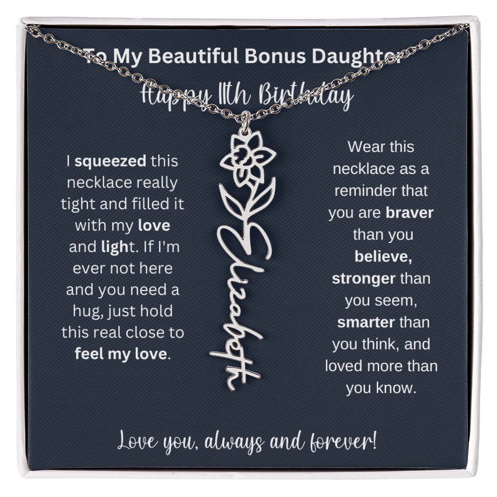 To My Beautiful Bonus Daughter | Happy 11th Birthday | Flower Name Necklace