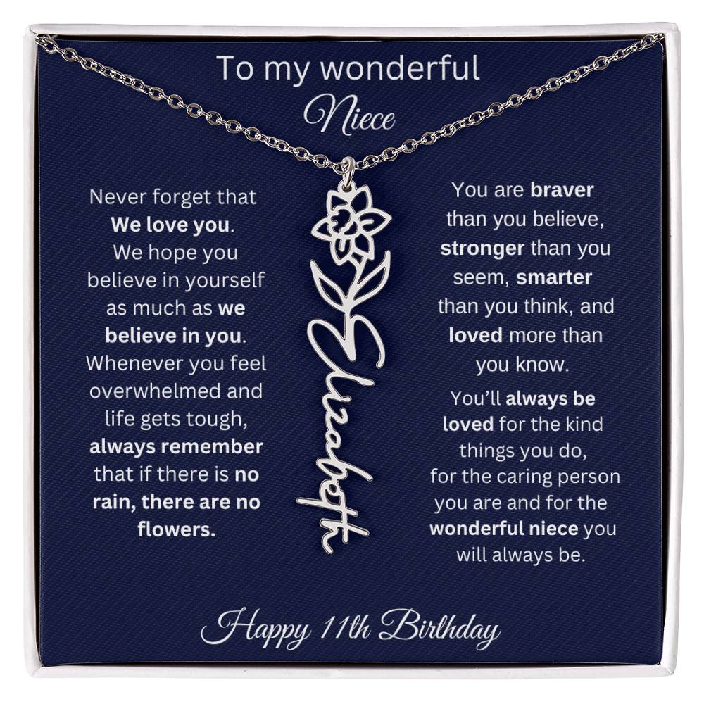 11th Birthday Gift For Niece - Personalized Birthmonth Flower Name Necklace