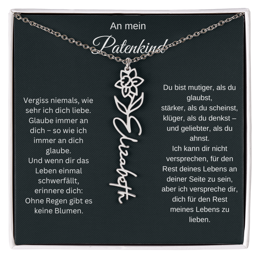 An mein Patenkind Geburtsblume Namenskette Silber Gold personalisierte Gravur