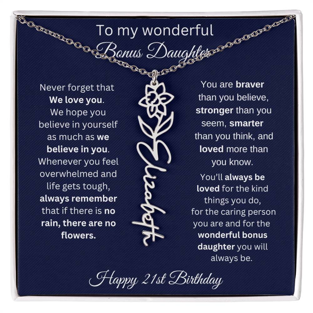 21st Birthday Gift For Bonus Daughter - Personalized Birthmonth Flower Name Necklace