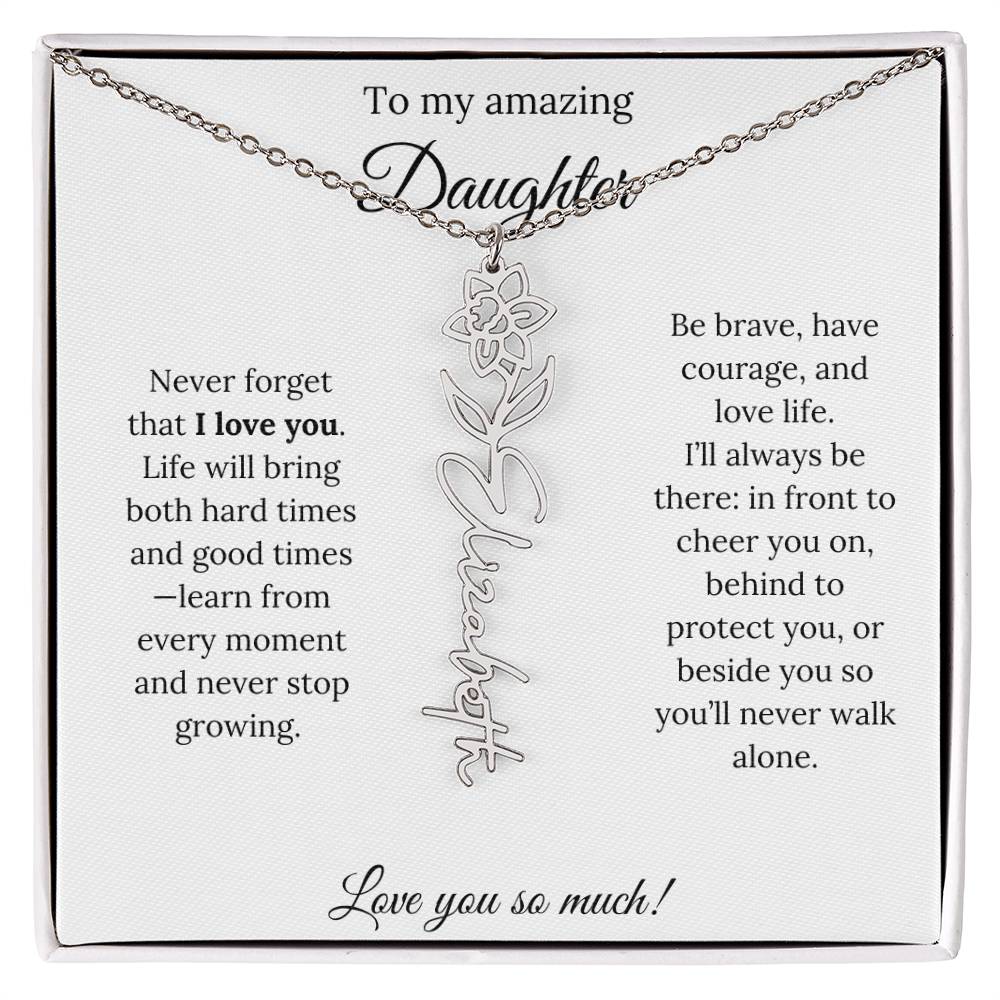 Personalized Daughter Necklace with Birth Flower Name & Inspiring Quote Card