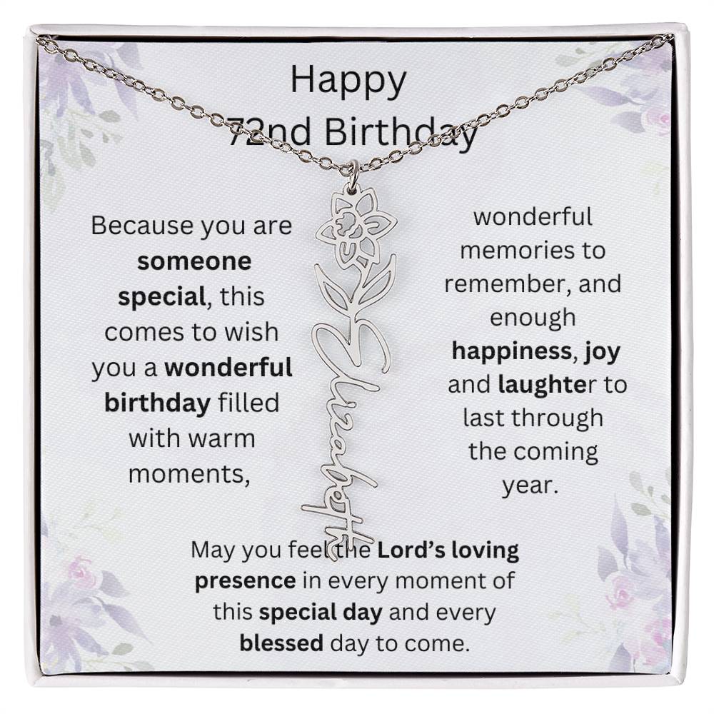 Wishing You Happiness, Joy & Laughter - Happy 72nd Birthday | Flower Name Necklace