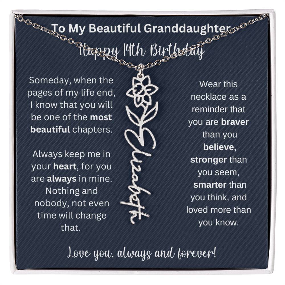 14th Birthday Gift For Granddaughter | Personalized Birth Flower Name Necklace