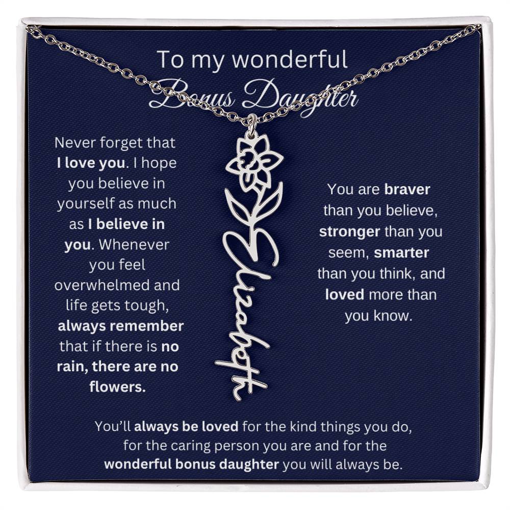 To My Wonderful Bonus Daughter - I Love You - Flower Name Necklace