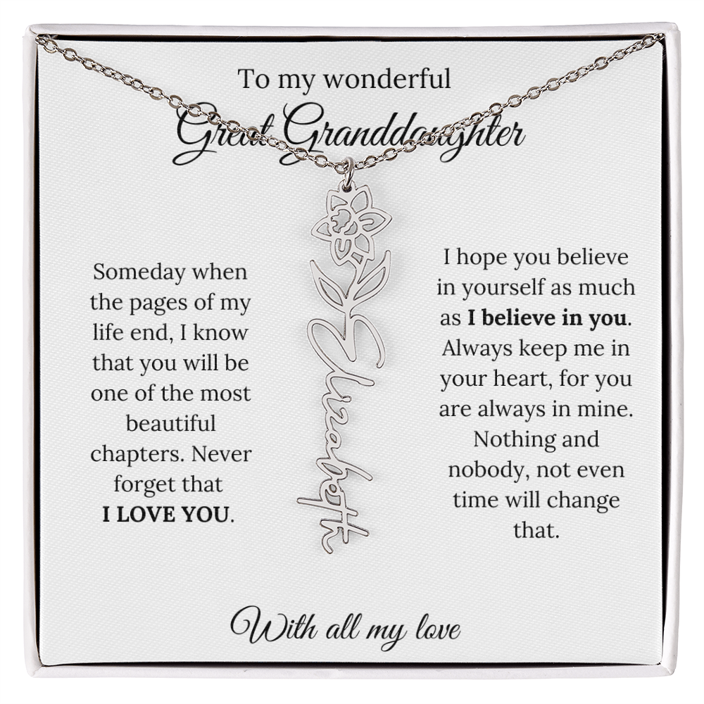 Great Granddaughter Birth Flower Name Necklace – “You Are One of the Most Beautiful Chapters” – Custom Keepsake Jewelry Gift