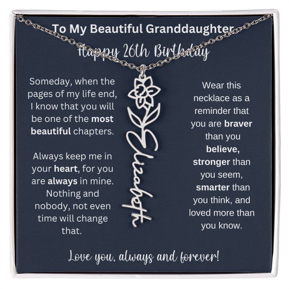 26th Birthday Gift For Granddaughter | Personalized Birth Flower Name Necklace