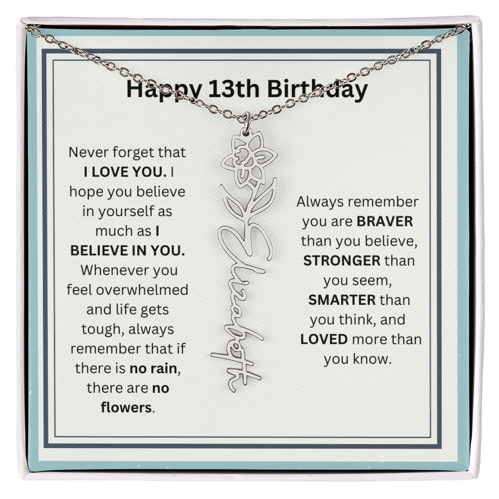 Personalized 13th Birthday Flower Name Necklace Gift