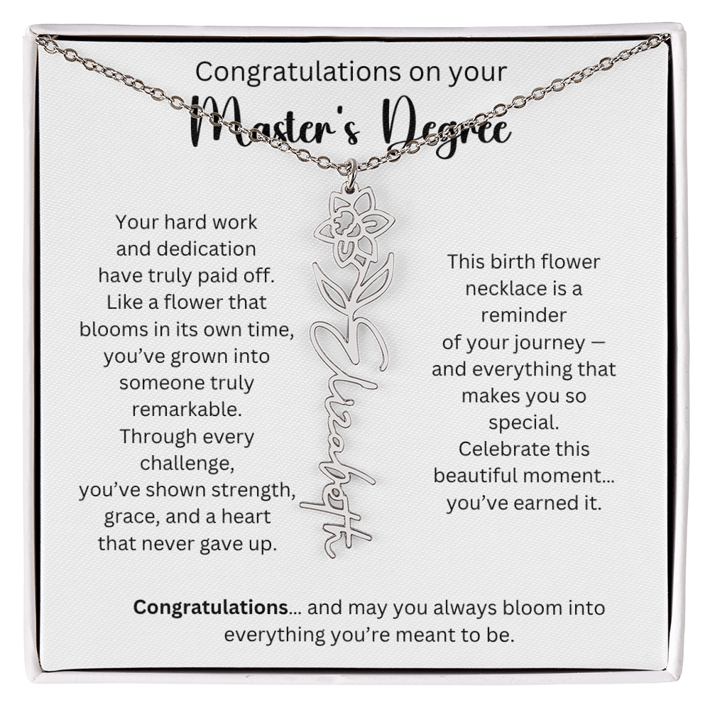 Personalized Masters Graduation Keepsake Gift - Birth Flower Name Necklace