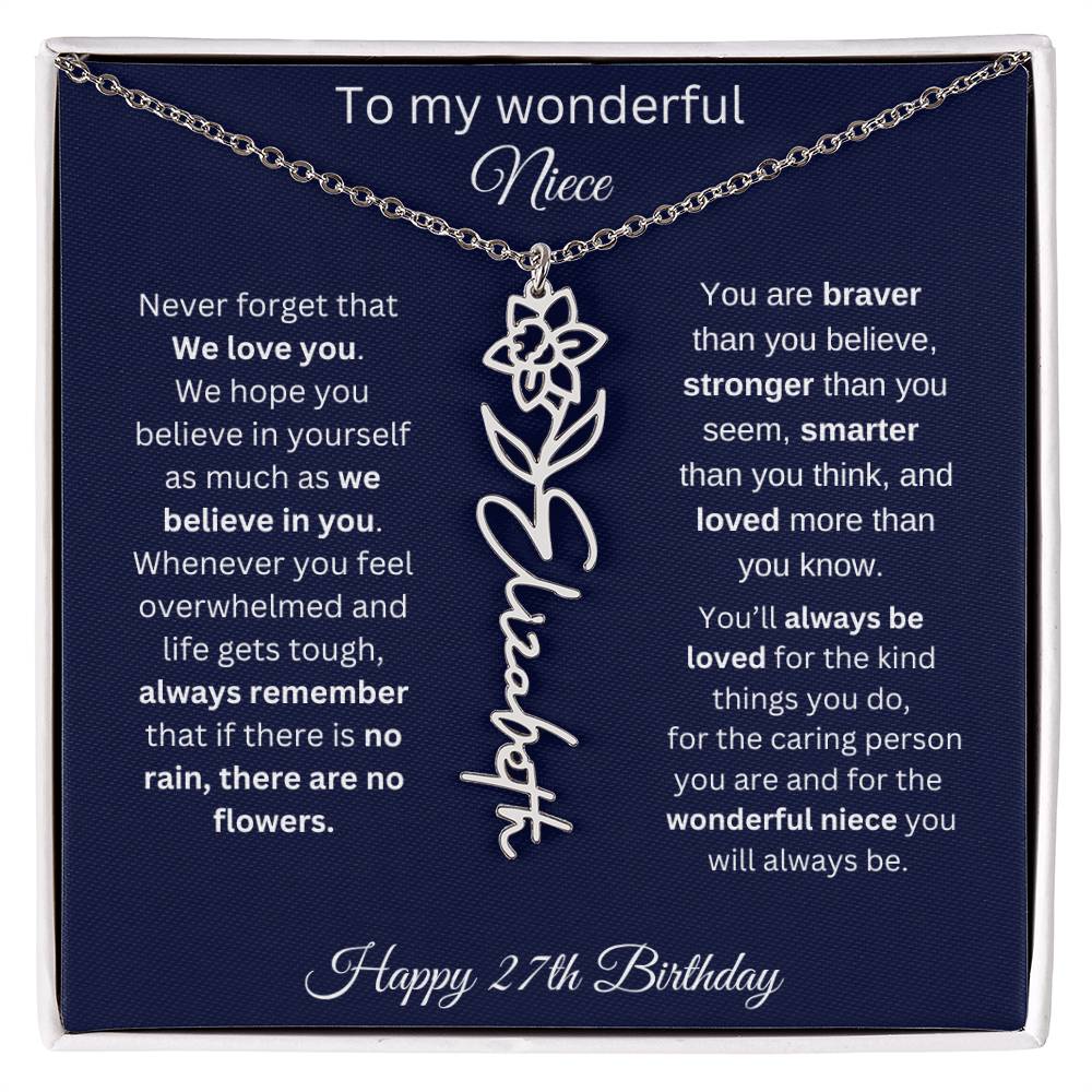 27th Birthday Gift For Niece - Personalized Birthmonth Flower Name Necklace