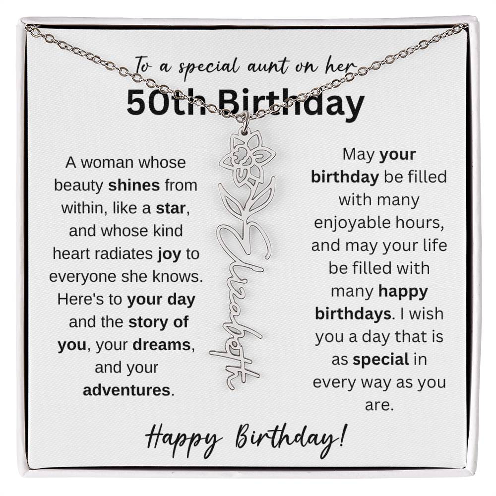 To A Special Aunt Happy 50th Birthday - Flower Name Necklace