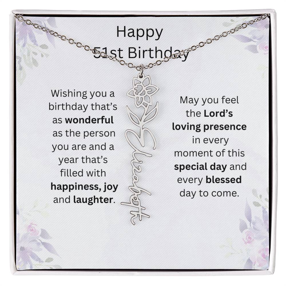 Wishing You Happiness, Joy & Laughter - Happy 51st Birthday | Flower Name Necklace