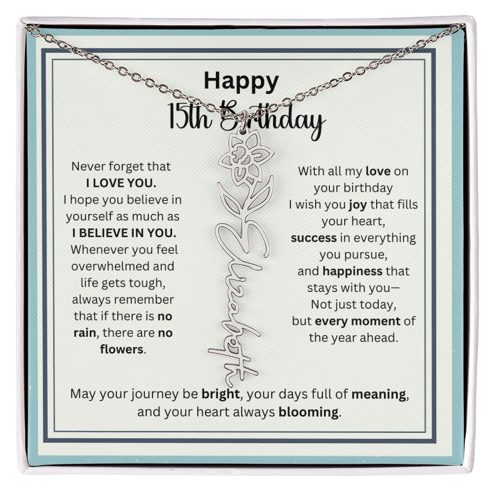 Personalized 15th Birthday Gift for Her - Birth Flower Necklace with Card