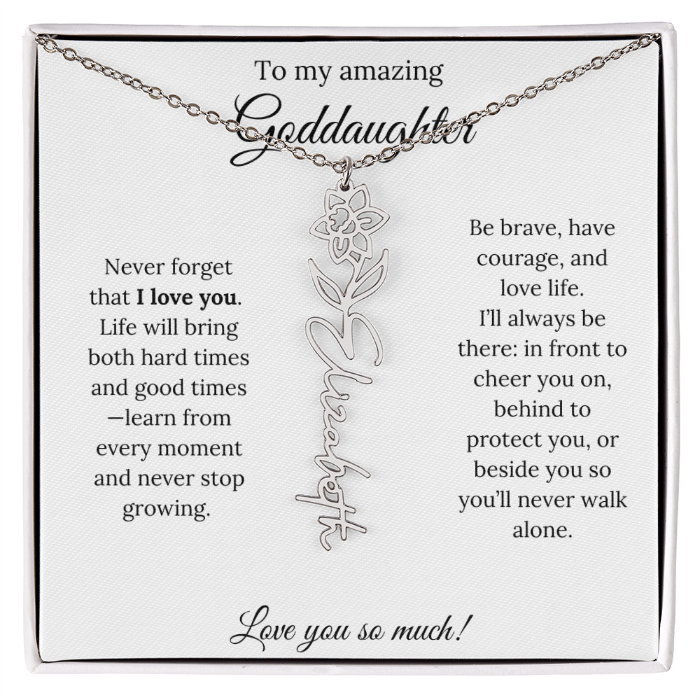 Never Forget I Love You Goddaughter Necklace – Personalized Birth Flower Jewelry + Quote Card Gift for Birthday