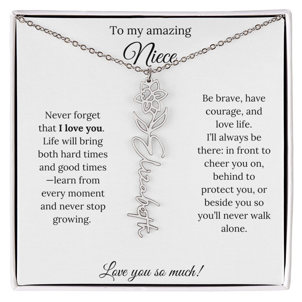 Niece Gift – Birth Flower Name Necklace + Inspiring Message Card