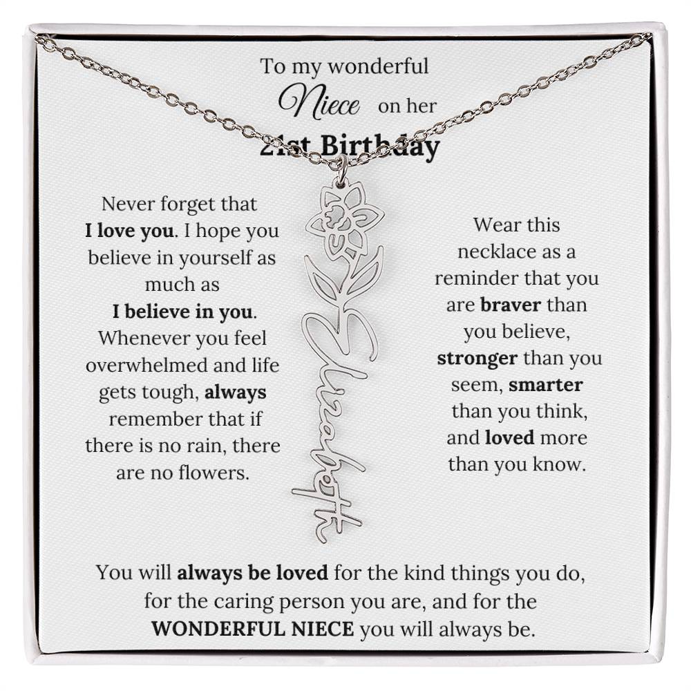 To My Wonderful Niece Happy 21st Birthday | Flower Name Necklace
