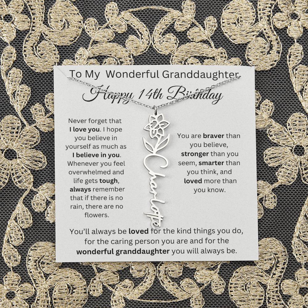 To My Wonderful Granddaughter - Happy 14th Birthday - Flower Name Necklace