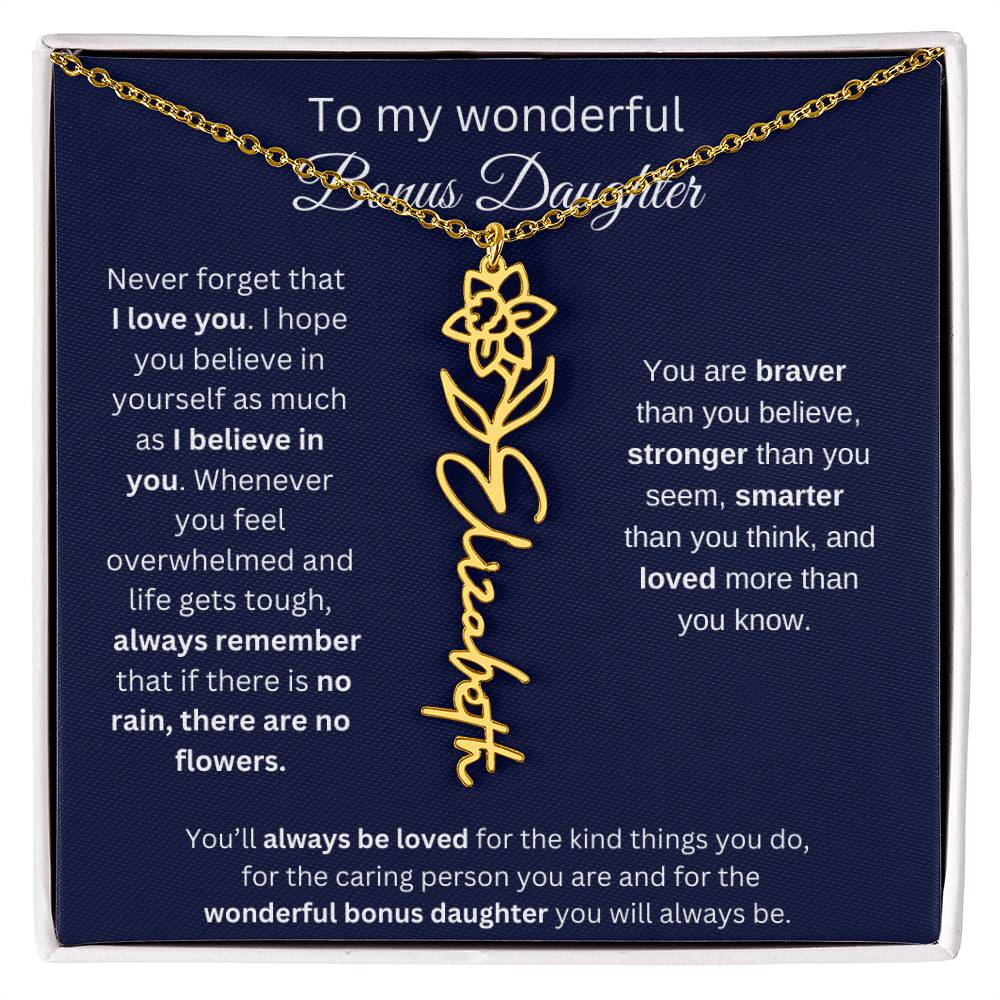 To My Wonderful Bonus Daughter - I Love You - Flower Name Necklace