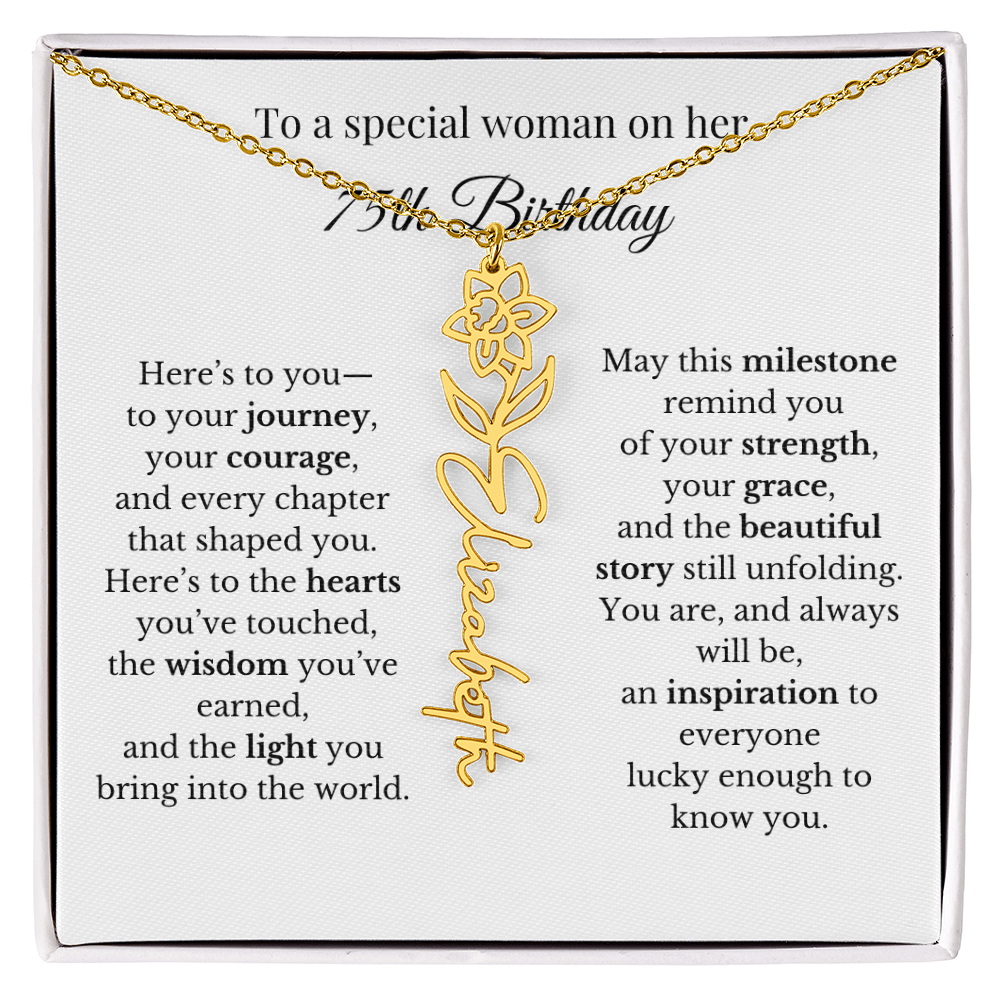 75th Birthday Gift To A Special Woman | Personalized Birth Flower Name Necklace