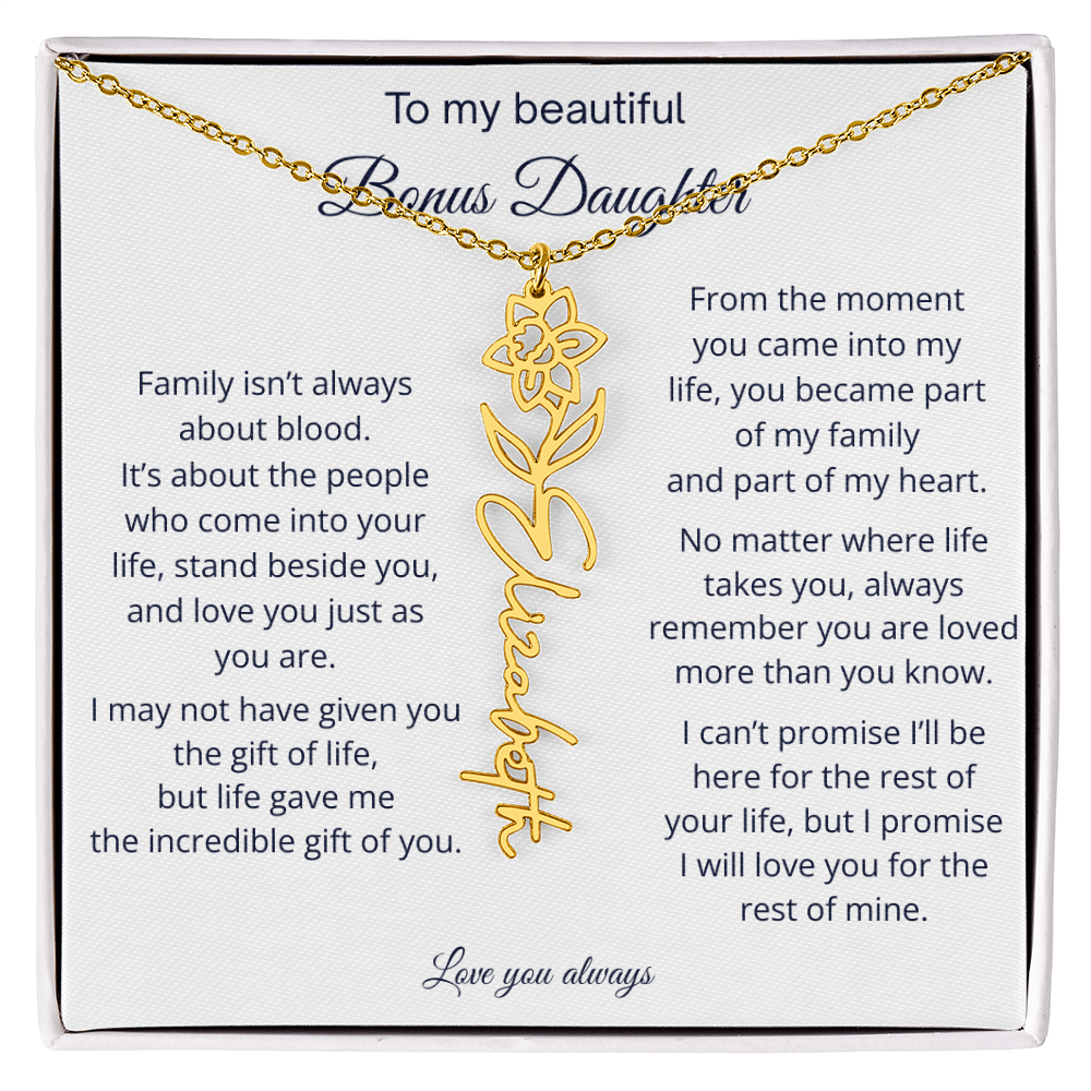 Bonus Daughter Jewelry Gift - Personalized Birth Flower Name Necklace