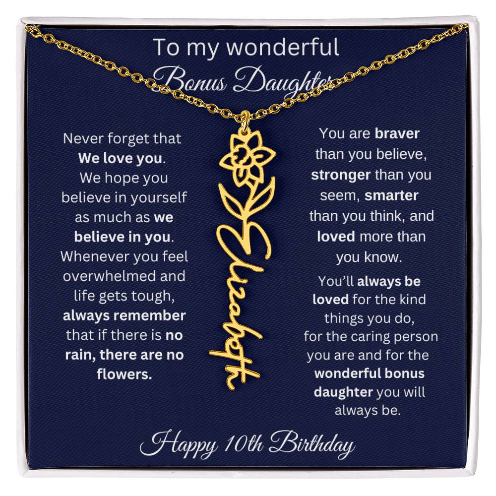 10th Birthday Gift For Bonus Daughter - Personalized Birthmonth Flower Name Necklace