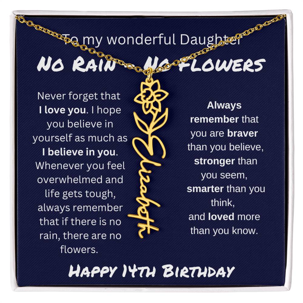 No Rain - No Flower | Happy 14th Birthday | Flower Name Necklace