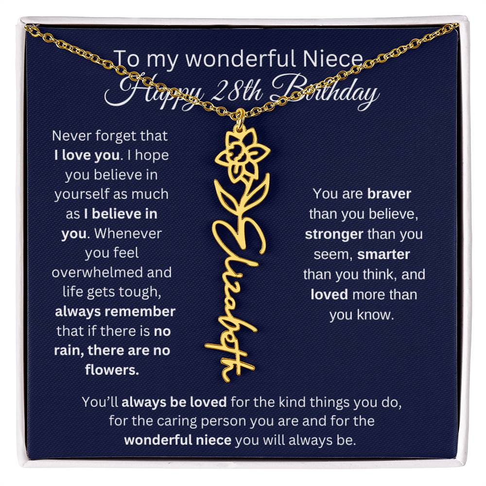 To My Wonderful Niece | Happy 28th Birthday | Flower Name Necklace