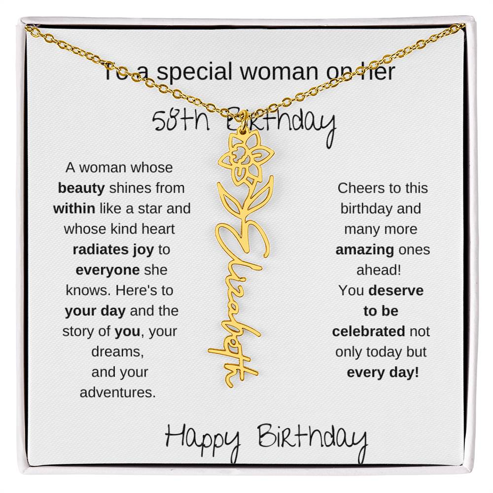 To A Special Women On Her 58th Birthday - Flower Name Necklace