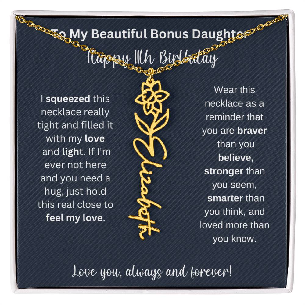 To My Beautiful Bonus Daughter | Happy 11th Birthday | Flower Name Necklace