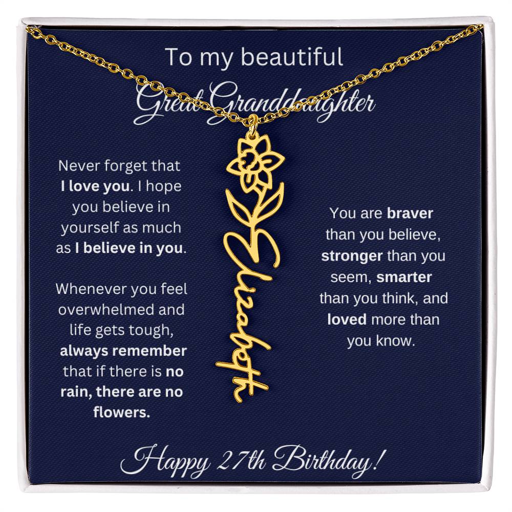 27th Birthday Gift For Great Granddaughter - Birthmonth Flower Name Necklace