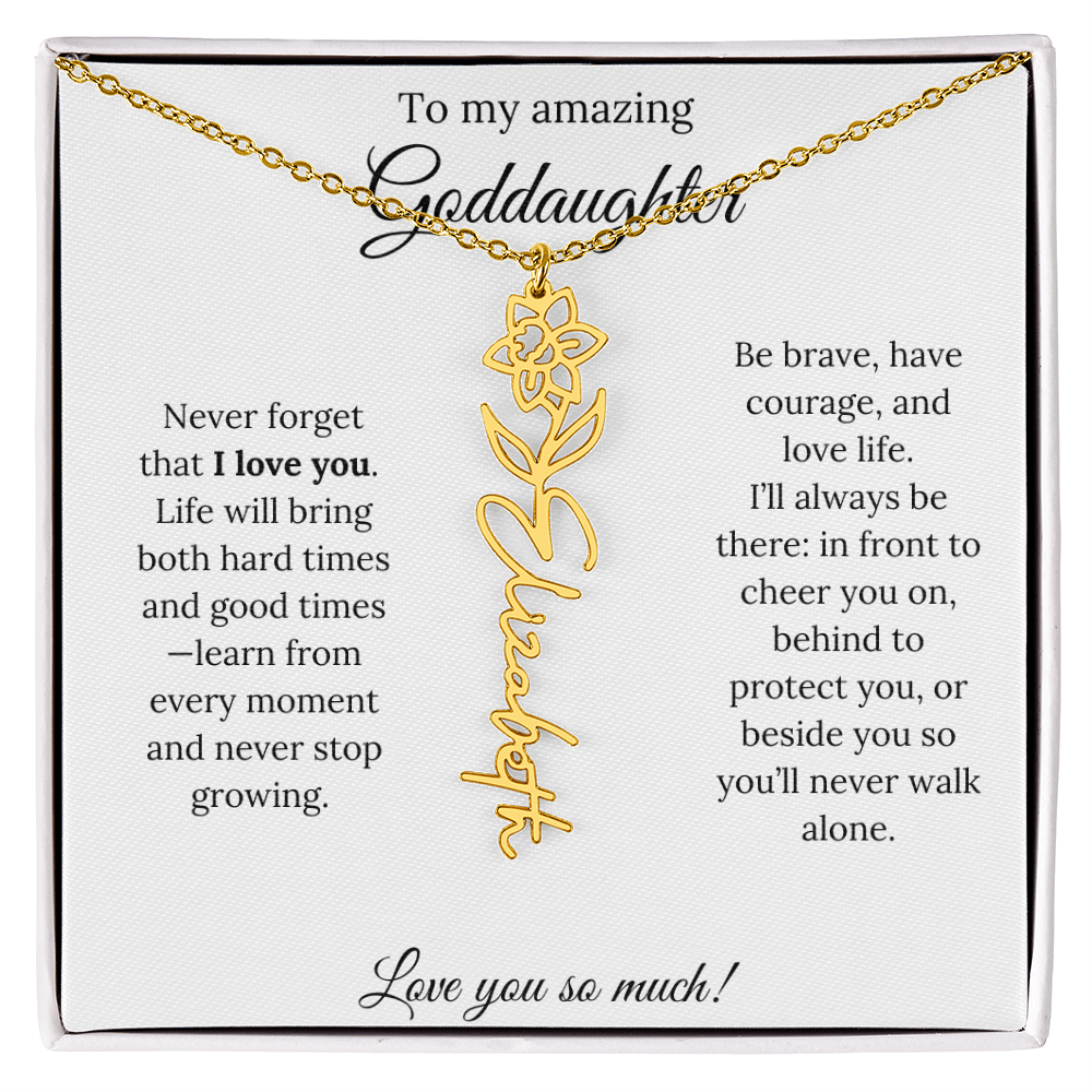 Never Forget I Love You Goddaughter Necklace – Personalized Birth Flower Jewelry + Quote Card Gift for Birthday