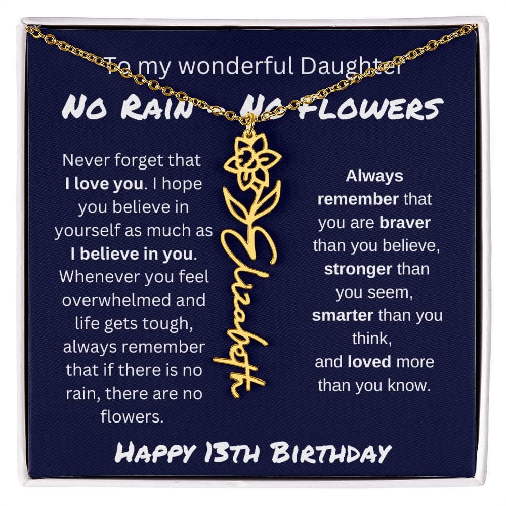 No Rain - No Flower | Happy 13th Birthday | Flower Name Necklace
