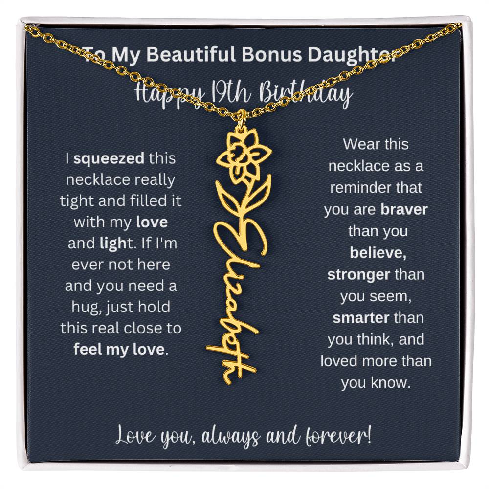 To My Beautiful Bonus Daughter | Happy 19th Birthday | Flower Name Necklace