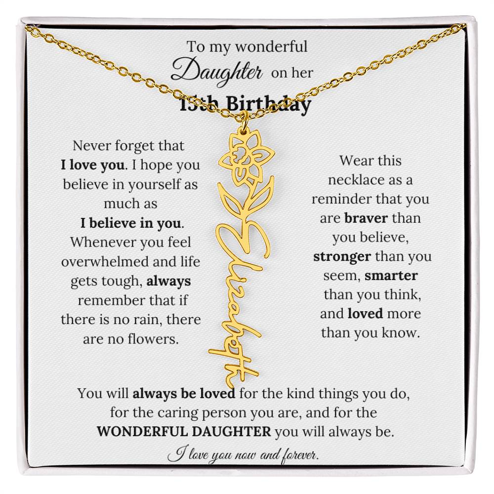To My Wonderful Daughter On Her 15th Birthday - I Love You - Flower Name Necklace