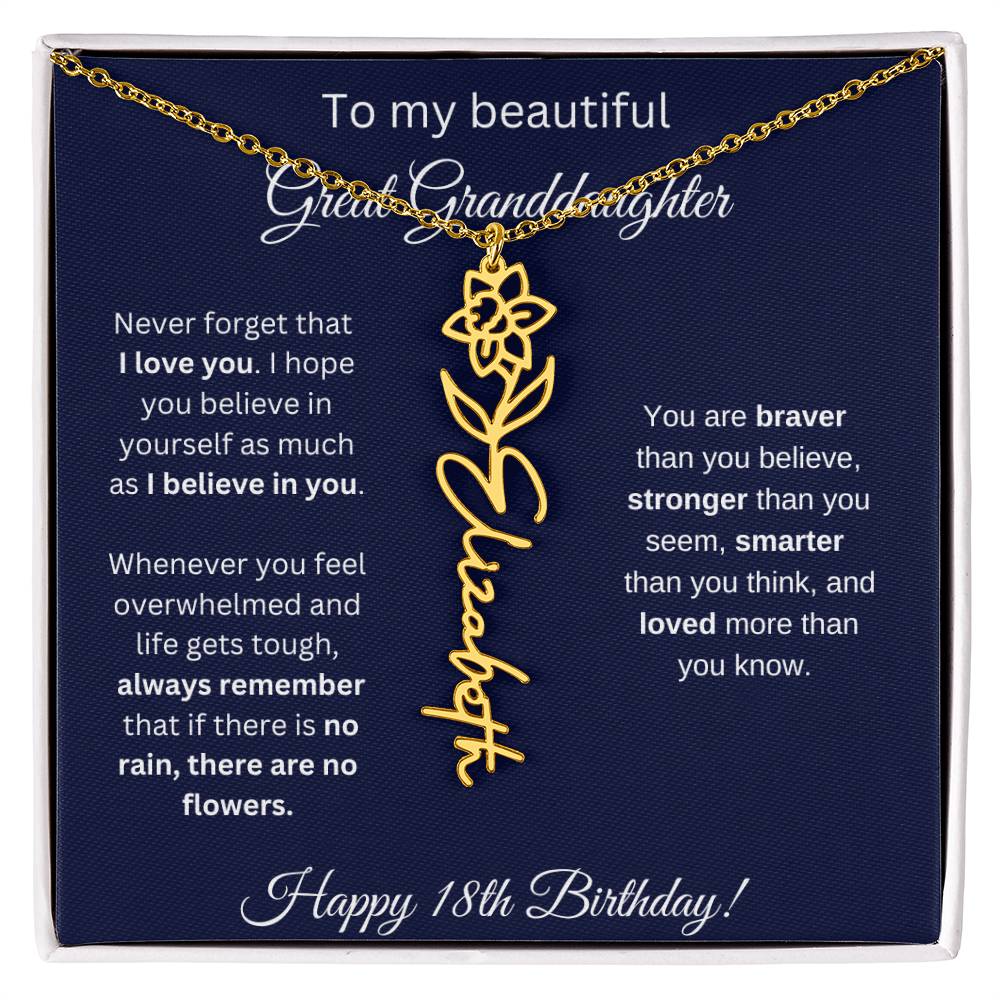 18th Birthday Gift For Great Granddaughter - Birthmonth Flower Name Necklace