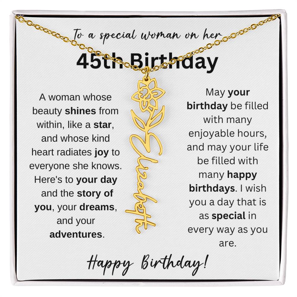 To A Special Woman - Happy 45th Birthday - Flower Name Necklace