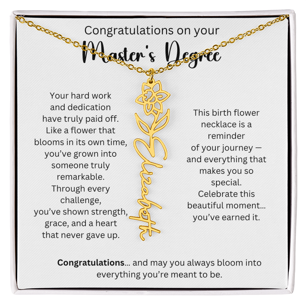 Personalized Masters Graduation Keepsake Gift - Birth Flower Name Necklace