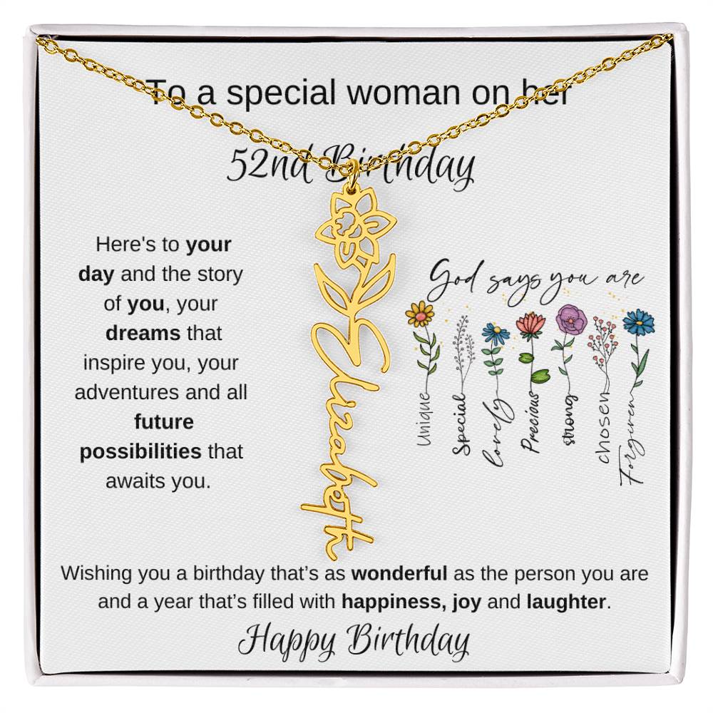 To A Special Woman On Her 52nd Birthday - Flower Name Necklace