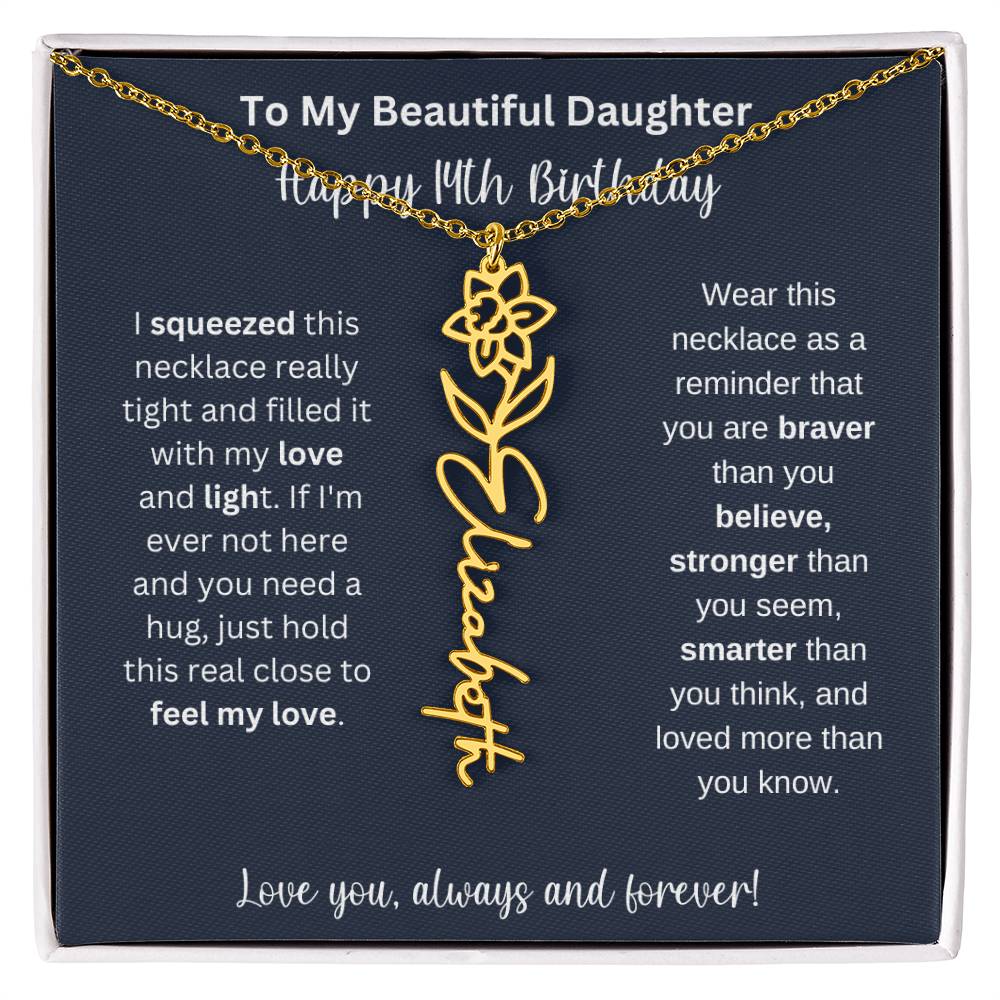 14th Birthday Gift For My Beautiful Daughter | Personalized Flower Name Necklace
