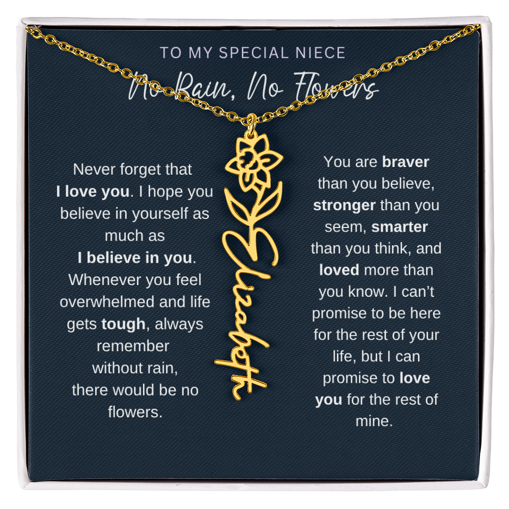 To My Special Niece | No Rain, No Flowers | Birth Flower Name Necklace