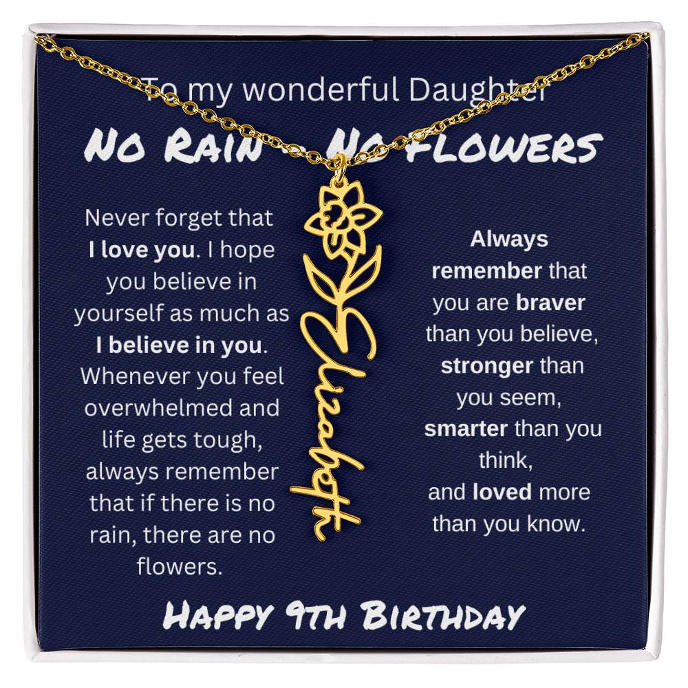 No Rain - No Flower | Happy 9th Birthday | Flower Name Necklace