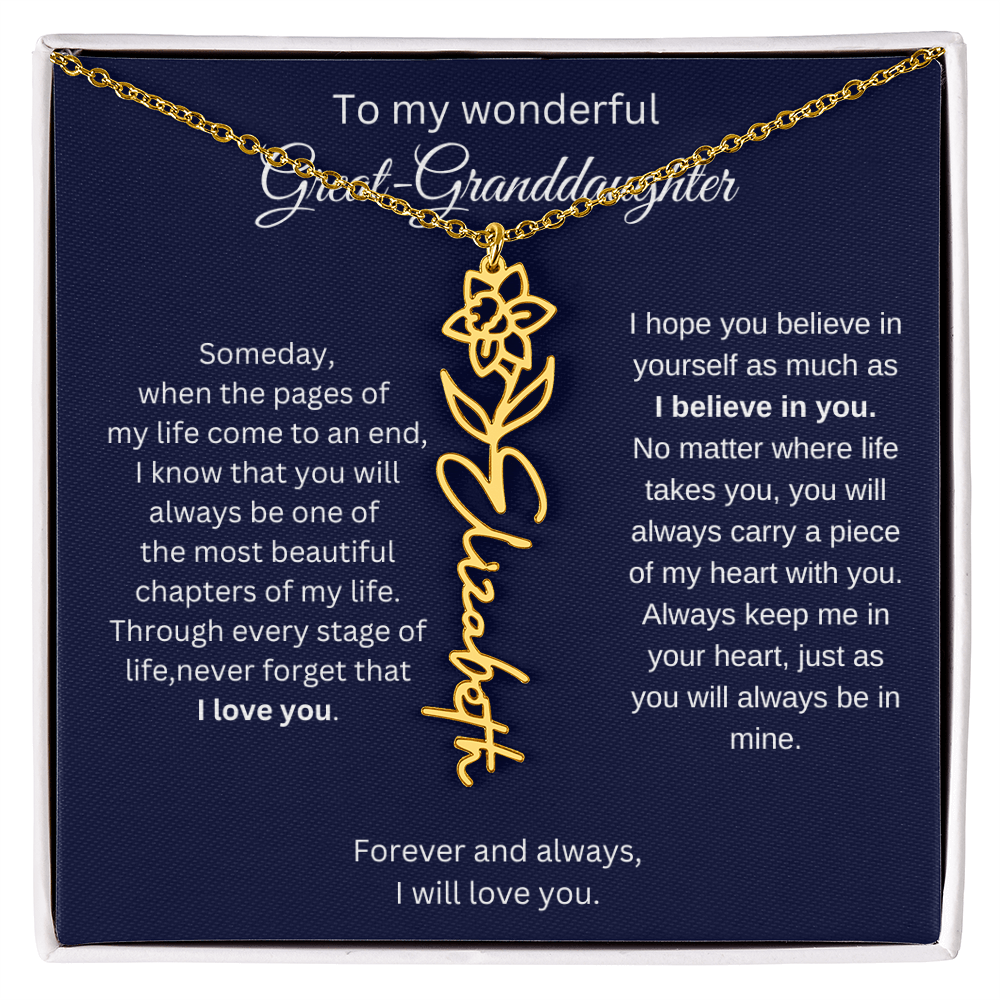 Great Granddaughter Jewelry Gift - Birth Flower Name Necklace