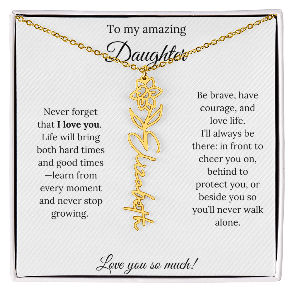 Personalized Daughter Necklace with Birth Flower Name & Inspiring Quote Card