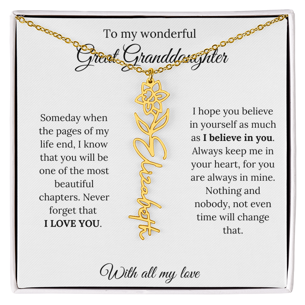 Great Granddaughter Birth Flower Name Necklace – “You Are One of the Most Beautiful Chapters” – Custom Keepsake Jewelry Gift